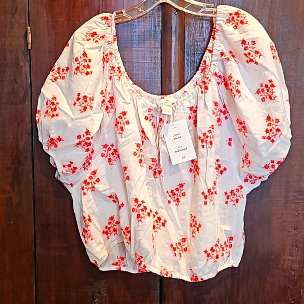 H&M WOMENS LINEN BLEND PEASANT CROP TOP BLOUSE NWT XL